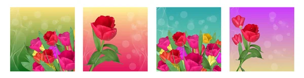 Spring flowers tulips on colorful background. Set templates for spring holidays, banners social network. Spring time. Vector — Stock Vector