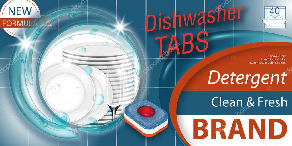 Dishwasher detergent tabs. Package design realistic with plates stack and glass in water splash and tablets. Dish wash advertisement poster layout or banner. Vector illustration.
