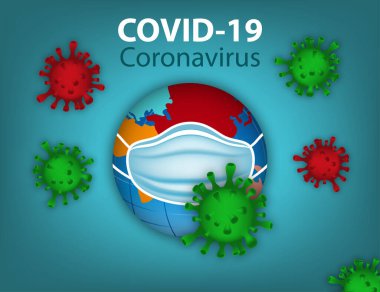 Salgın Coronavirus hastalığı COVID-19 enfeksiyonu. Bulaşıcı hastalık ve yayılma. Virüs hücreleri dünyanın her yerine yayılır. Dünya gezegeni tıbbi maske takıyor. Vektör illüstrasyonu.