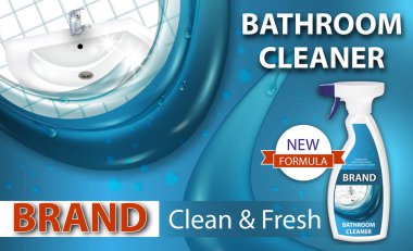 Banyo temizleyicisi bakterileri öldürüyor. Deterjanlı plastik sprey şişesi. Seramik lavabo temizliği. Reklam tasarımı şablonu, 3D çizim. Vektör