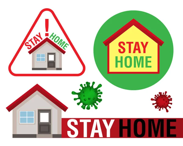 Evde mesaj ve evde kal. İşaret ver. COVID 19 koronavirüs koruması. Virüs önleme konsepti, kendini izole etme. Vektör illüstrasyonu.