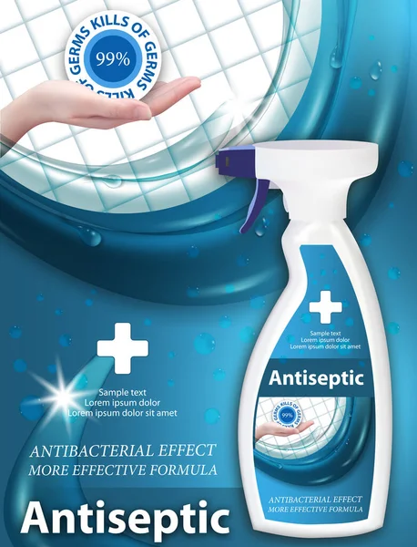Antiseptic Hands Spray Dispenser Hand Sanitizer Ads Antibacterial Effect Best — Stock Vector