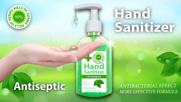 Hand Sanitizer gel ads. Antiseptic hand gel in bottles with dispenser. Horizontal banner Best protection against viruses, with leaves elements. Vector illustration.