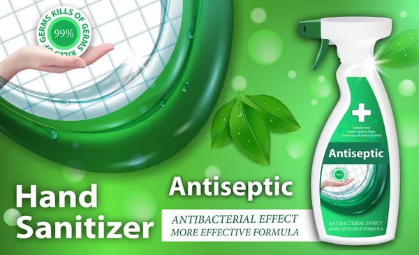 Kéz Felületfertőtlenítő Spray Adagoló Fertőtlenítő Reklámok Levélelemekkel Ellátott Tartályban Antibakteriális Jogdíjmentes Stock Vektorok