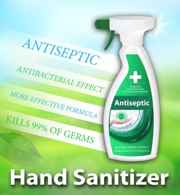 El ve yüzey spreyleri için antiseptik. Konteynırda dezenfektan reklamları. Antibakteriyel etki, virüslere karşı en iyi koruma. Vektör illüstrasyonu.