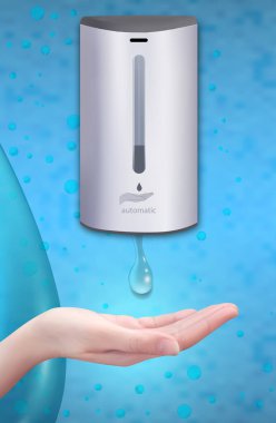 Duvar otomatik dezenfektan makinesi. Alkol bazlı ovalama. Duvar monte edilmiş sabun ya da antiseptik şeker. Covid-19 yayılmayı önlüyor. Coronavirus gibi mikroplardan korunmak için. Dikey pankart.