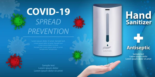 Duvar otomatik dezenfektan makinesi. Covid-19 yayılmayı önlüyor. Sabun ya da antiseptik ilaç reklamları. Coronavirus gibi virüslere karşı en iyi korunma. Yatay pankart. Vektör