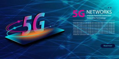 5G ağı yeni kablosuz internet kablosuz bağlantısı. Teknoloji neonu soyut olarak parlıyor. Küresel yüksek hızlı internet genişbandının yenilikçi nesli. Web sitesi şablonu. Vektör