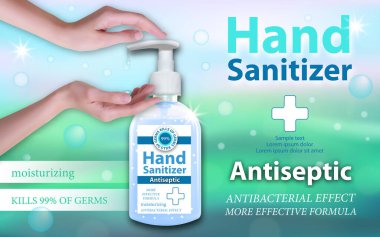 El dezenfektanı reklamı. Yatay pankart. El, şeker kutusuna bastırıyor. Şişelerde antiseptik jel ve şeker. Virüslere karşı en iyi korunma. Vektör illüstrasyonu.
