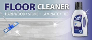 Yer temizleyicisi. Yerleri temizlemek için dezenfektan. Paspas temizliği. Paket tasarımı gerçekçi çizim. Reklam afişi ya da yatay afiş. Vektör