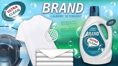 Laundry detergent in plastic container, clean towels and white t-shirt. Package design for Liquid Detergents ads with realistic washing machine. Branded bleach, fabric softener, conditioner. Vector clipart