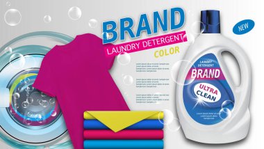 Plastik konteynırda çamaşır deterjanı, temiz renkli havlular ve tişört. Sıvı Deterjan reklamları için çamaşır makineli paket tasarımı. Markalı kumaş yumuşatıcı, saç kremi. Vektör