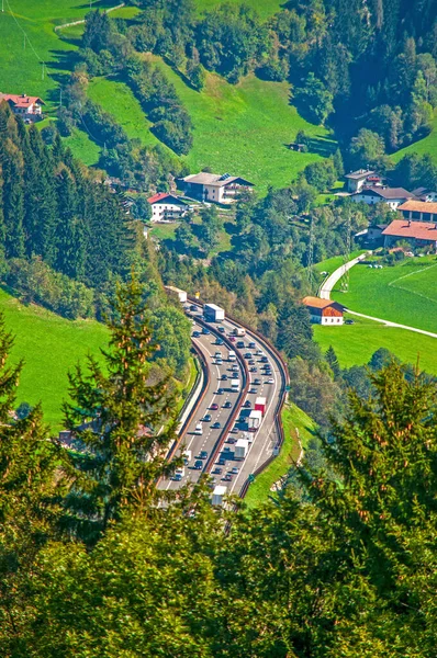 Heavy Traffic Brennero Highway Italy Austria Crossing Alps Crowded Summer — Stock Photo, Image