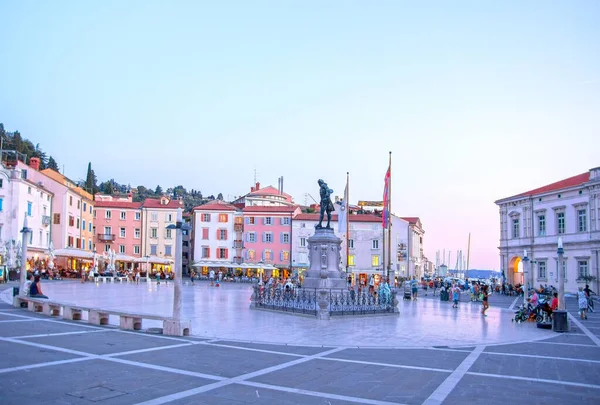 Piran Cidade Praça Principal Pelo Mar Adriático Eslovénia Entardecer — Fotografia de Stock