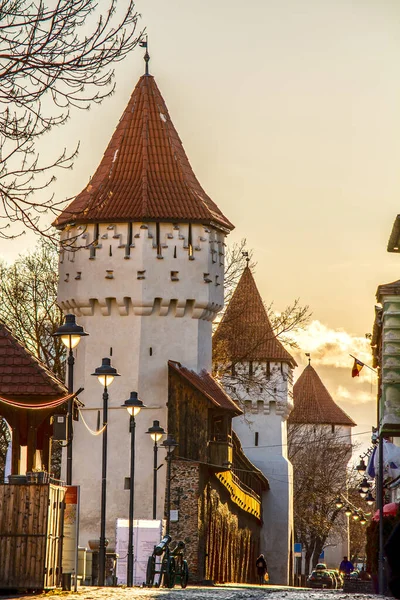 Sibiu Transilvânia Roménia Muralha Cidade Fortificação Torres — Fotografia de Stock