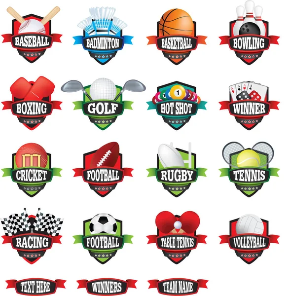 Los equipos deportivos nombran insignias o logotipos como escudos en color — Vector de stock