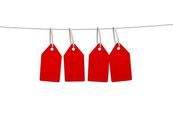 Etiquetas em branco vermelho ou tensão pendurada em uma linha de cordas — Fotografia de Stock