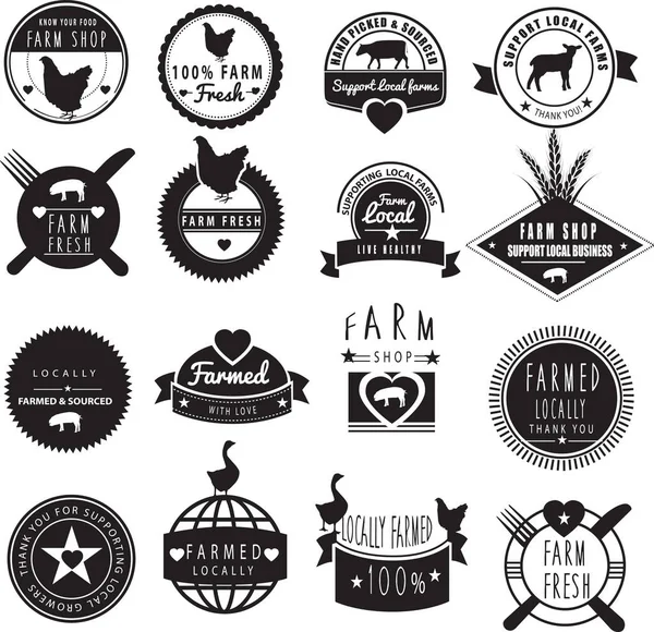 Bauernhof frisch und Hofladen und lokal angebaute Logos — Stockvektor