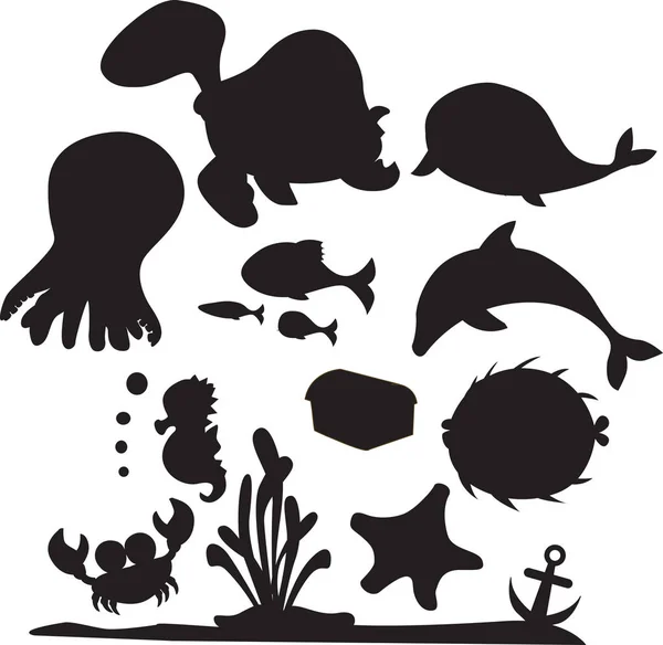 Sealife silhouette set of sea animals — Stock Vector