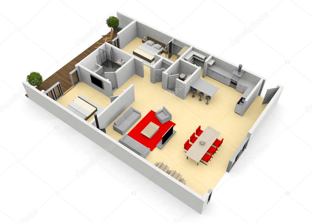 3d cgi birds eye view floorplan of a modern house or apartment