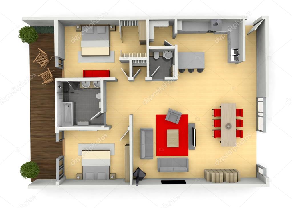 3d cgi birds eye view floorplan of a modern house or apartment