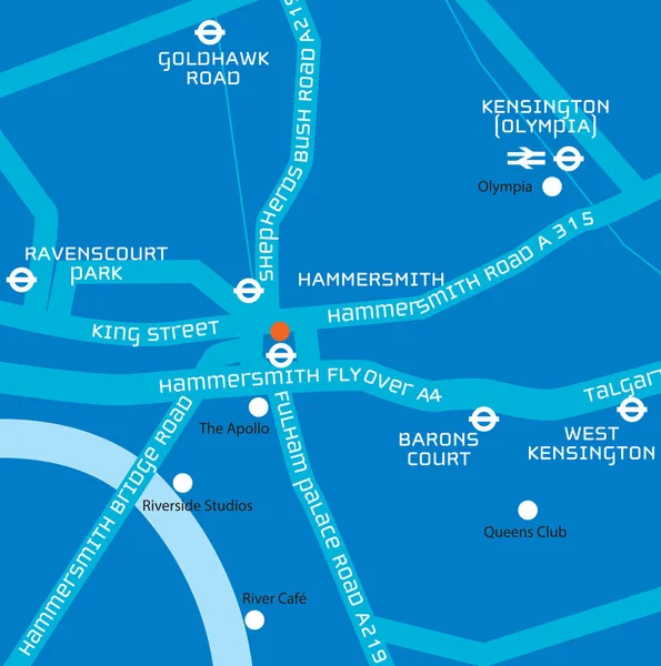 Mappa della zona ovest di Londra, incluso il cavalcavia Hammersmit — Vettoriale Stock