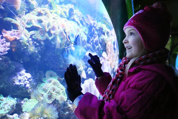 Gadis tersenyum melihat ke dalam tangki ikan di akuarium — Stok Foto
