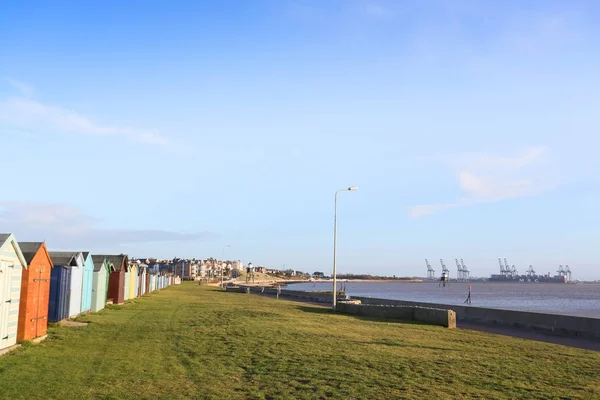 Lever Soleil Tôt Matin Montrant Plage Les Cabanes Plage Harwich — Photo