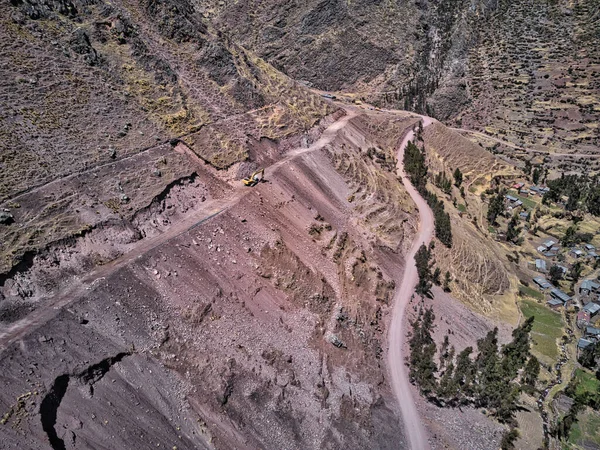 Vista Aérea Excavadora Peligroso Camino Alta Montaña Andes América Del — Foto de Stock