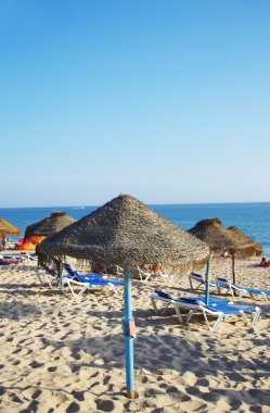 şemsiye ve şezlong Faro Adası, Algarve sahilde. 