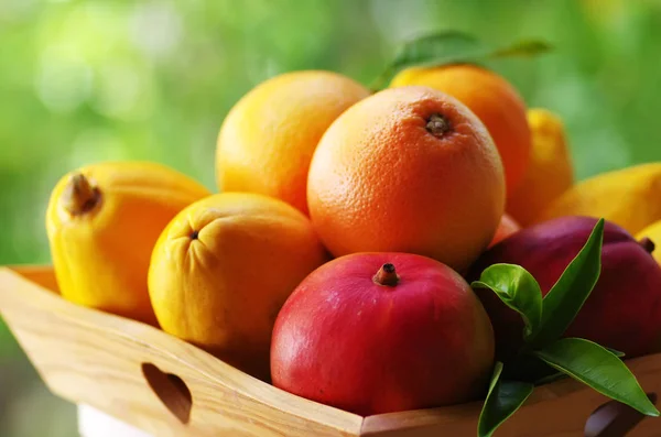 Frutas frescas varias en la cesta de madera — Foto de Stock