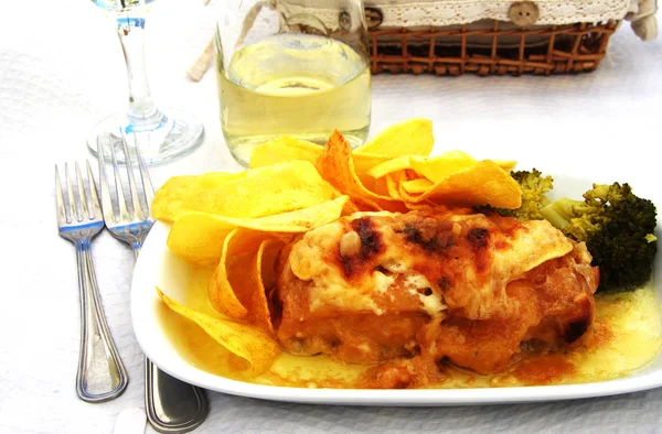 Traditional plate of codfish, bread and wine — Stock Photo, Image