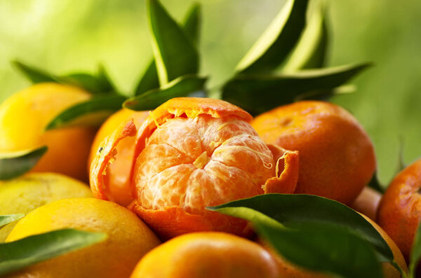 tangerines, peeled tangerine  on a green background