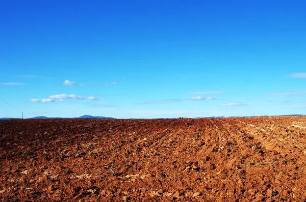 Vista da paisagem da terra arável, solo arado contra o céu azul, por — Fotografia de Stock