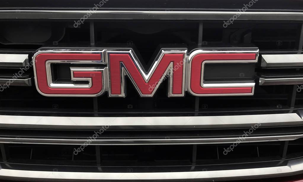 Spencer, Wisconsin, September, 29, 2017   GMC logo on the grill of a pick up truck  GMC is a division of the American Automobile Manufacturer and was founded in 1911
