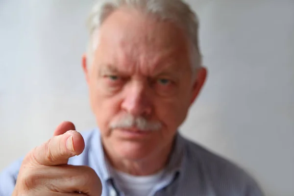 Critical Older Man Points Viewer Focus Finger — Stock Photo, Image