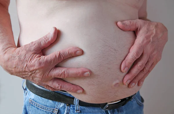 Homem Sem Camisa Jeans Com Uma Barriga Grande — Fotografia de Stock