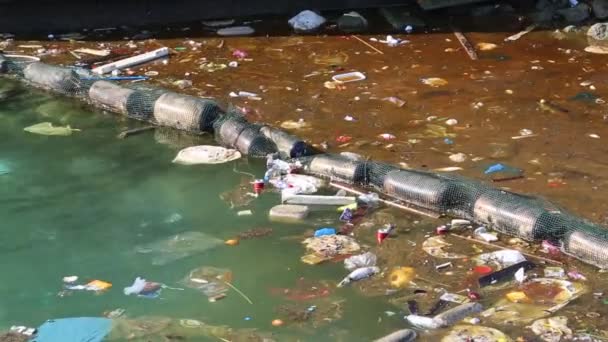 Flotteurs à ordures en mer près de la côte — Video