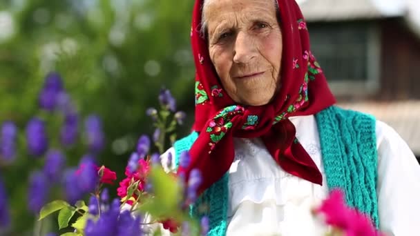 Alte Frau steht in Blumen — Stockvideo