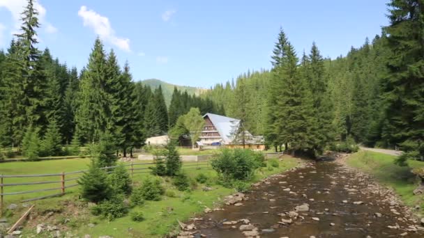 Casa de campo en el bosque cerca del río de montaña — Vídeo de stock
