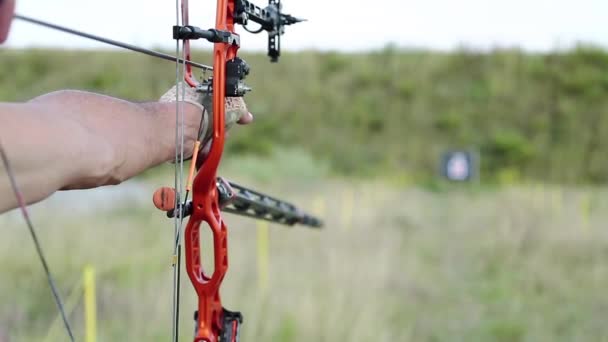 Archer shooting bow at  target — Stock Video