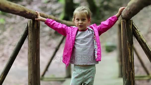 Liten flicka står på träbro — Stockvideo