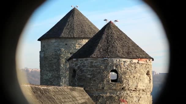 Twee torens van kasteel Kamianets-Mohelerpodolsc — Stockvideo