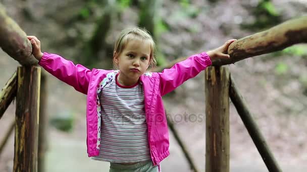 Klein meisje staat op houten brug — Stockvideo