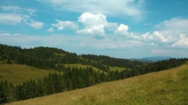 4k Timelapse bulutlar ve iğne yapraklı ağaçlar ile güzel yeşil dağlar