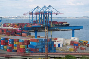 ODESSA, UKRAINE, SEPTEMBER 7, 2019: Containers in warehouse at Odessa port - largest Ukrainian seaport and one of largest ports in Black Sea basin