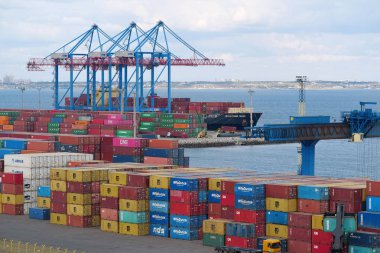 ODESSA, UKRAINE, SEPTEMBER 7, 2019: Cranes and containers in Odessa port - largest Ukrainian seaport and one of largest ports in Black Sea basin