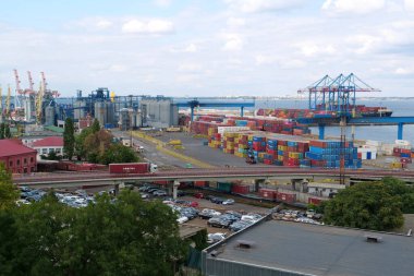 ODESSA, UKRAINE, SEPTEMBER 5, 2019: Panorama view of Odessa port - largest Ukrainian seaport and one of largest ports in Black Sea basin