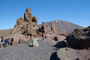TENERIFE ISLAND, CANARY ISLANDS, SPAIN, OCTOBER 4, 2019: People in Teide National Park near Volcano Teide on Tenerife island, Canary islands, Spain