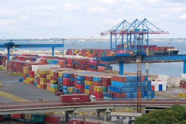 UKRAINE, ODESSA, SEPTEMBER 7, 2019: Road traffic on the bridge in Odessa sea port - largest Ukrainian port and one of largest ports in Black Sea basin